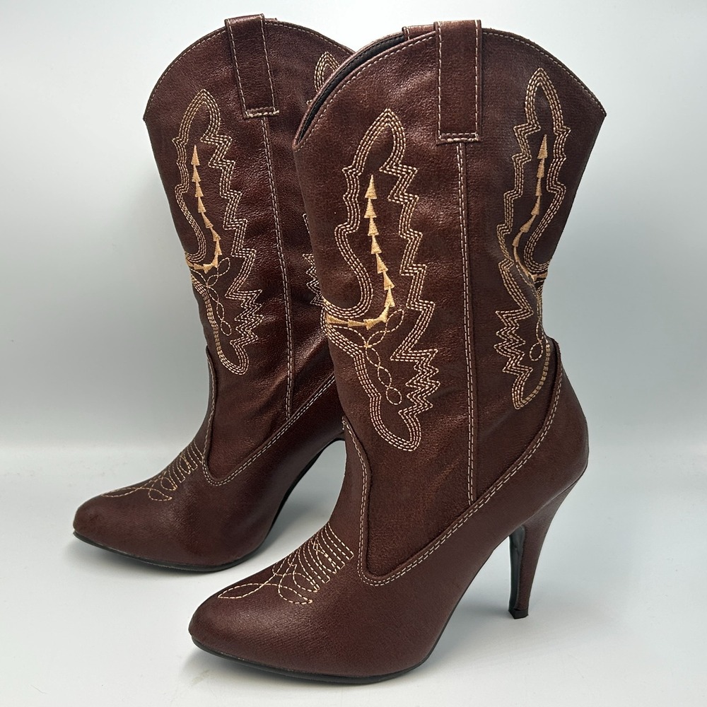 ELLIE Cowgirl Boots Womens 6 4" Heel Ankle Brown Mid Calf Stiletto Western Rodeo